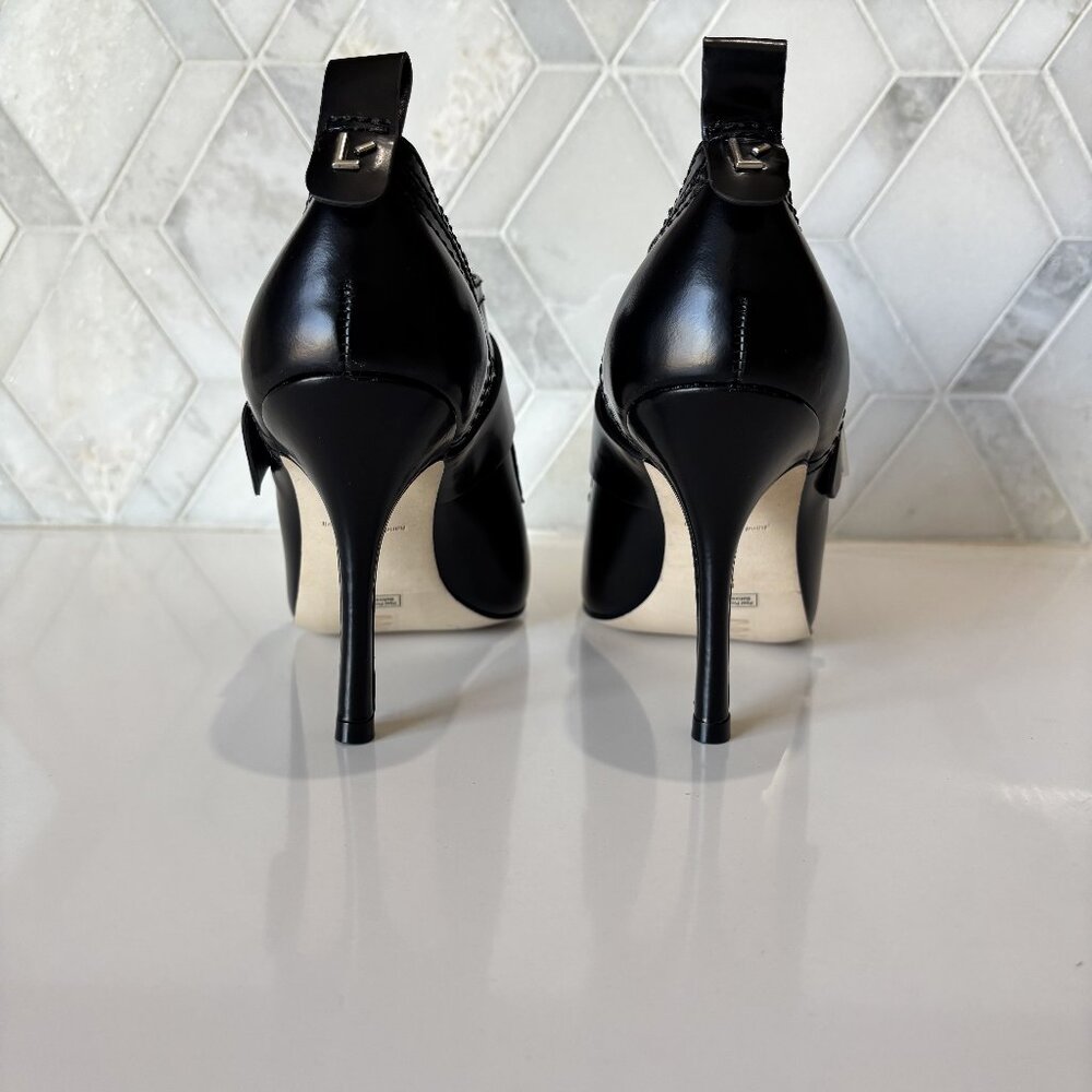 Larroude Sz 9 Black Shiny Boot Silver Buckle Stiletto Heel Heeled Stewart Bootie - Picture 8 of 11